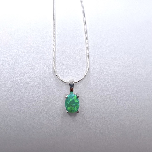 Sterling Silver Green Lab Oval Opal Necklace - Picture 11 of 17